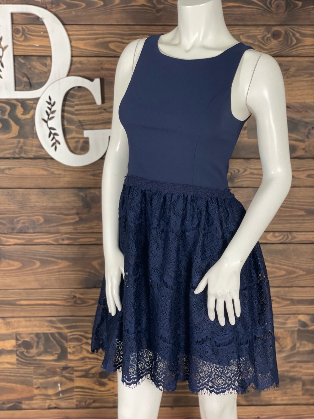 Miami | A-Line Navy Blue Lace Fit-and-Flare Mini Dress Crochet Lace Scalloped